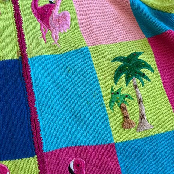 Vintage Jack B. Quick Cardigan Size M Embellished Flamingos Zip Up Embellished - Picture 3 of 8